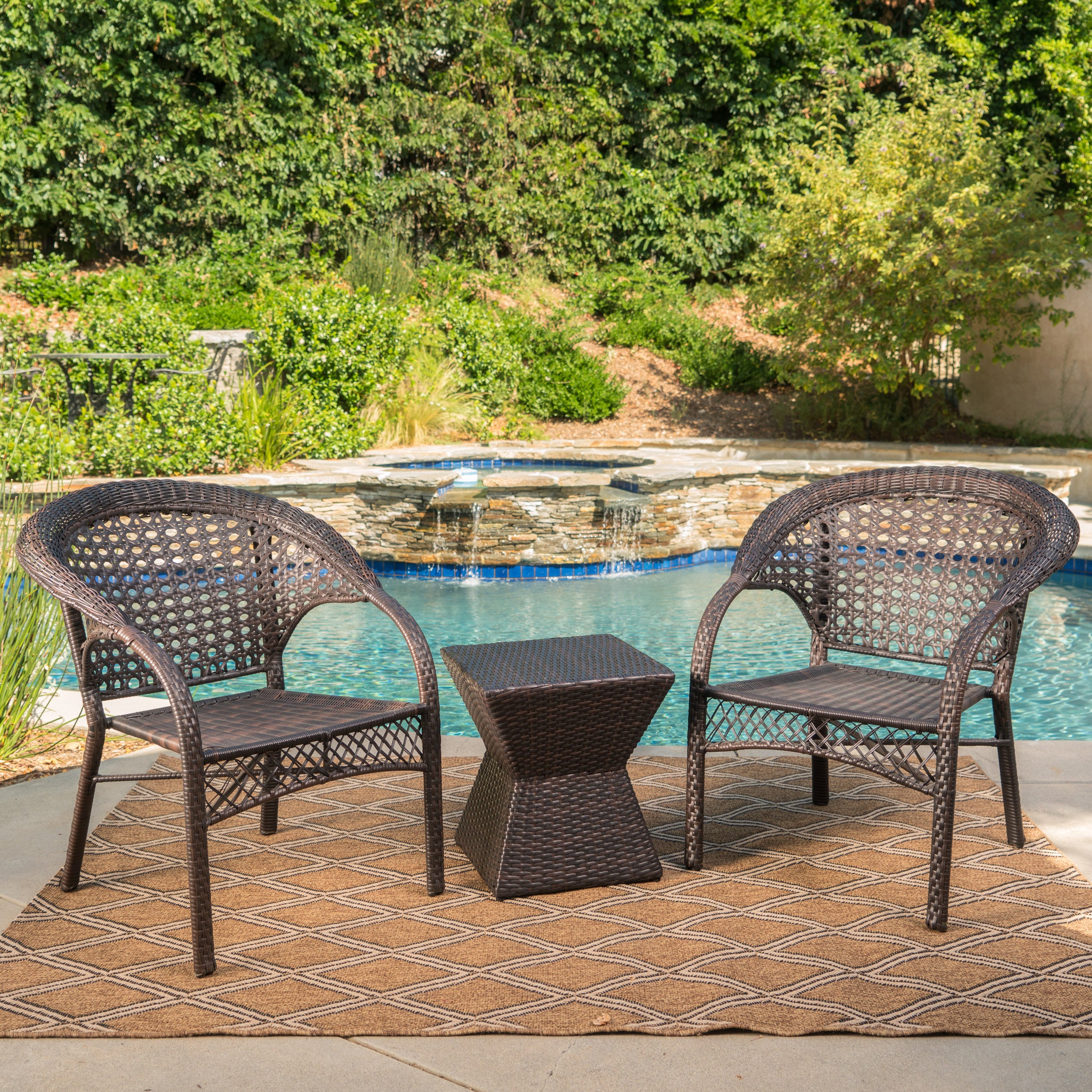 Mason Outdoor 3 Piece Multi-Brown Wicker Chat Set with Stacking Chairs