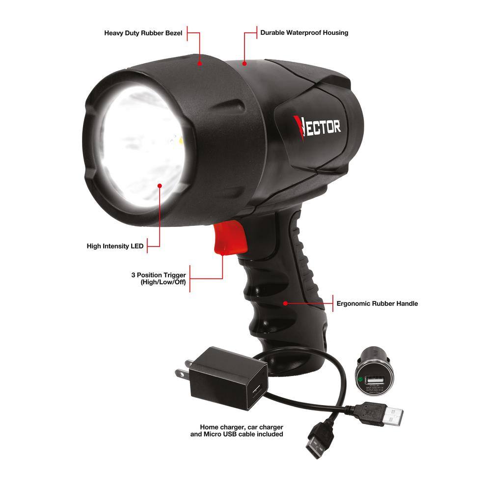 VECTOR 600 Lumen LED Waterproof Handheld Spotlight Rechargeable Includes 120V AC Home Charger and 12V DC Car Charger FL5W10V