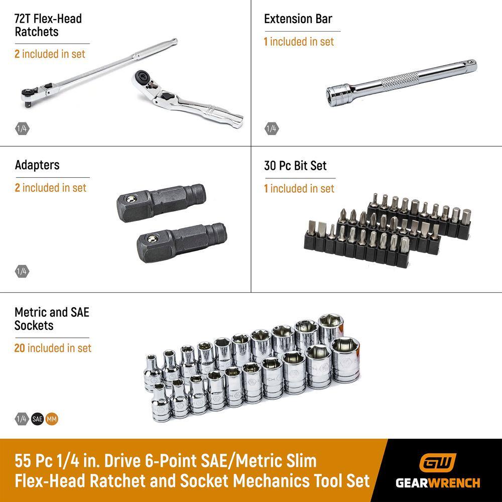 GEARWRENCH 14 in. Drive 6-Point SAEMetric Slim Flex-Head Ratchet and Socket Mechanics Tool Set (55-Piece) 81039