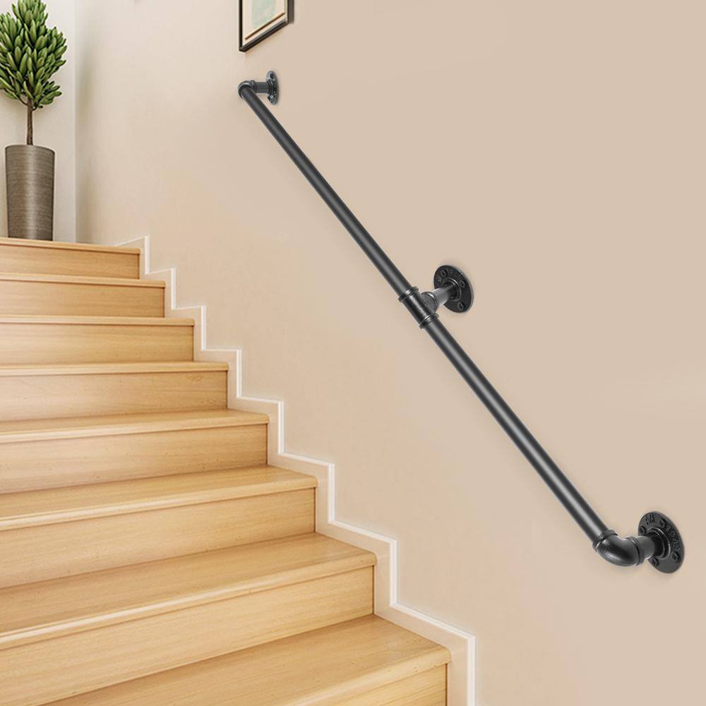 VEVOR 6 ft. Pipe Stair Handrail 440 lbs. Load Capacity Wall Mounted Handrail Round Corner Handrails for Outdoor Steps in Black TZBGSLTFSGYG6G9AAV0