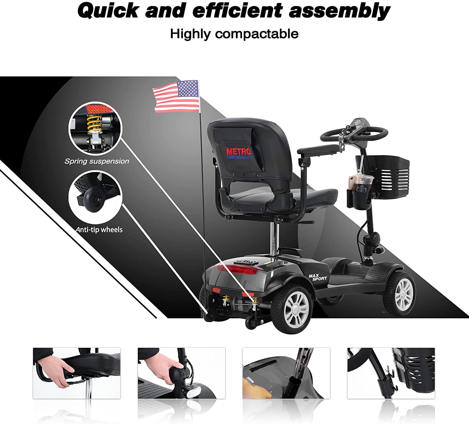 4 Wheel Mobility Scooters- Folding Electric Powered Wheelchair Device for Seniors Adults Elderly, Collapsible and Compact Heavy Duty Mobile for Travel with Basket (MAX Sport Grey)