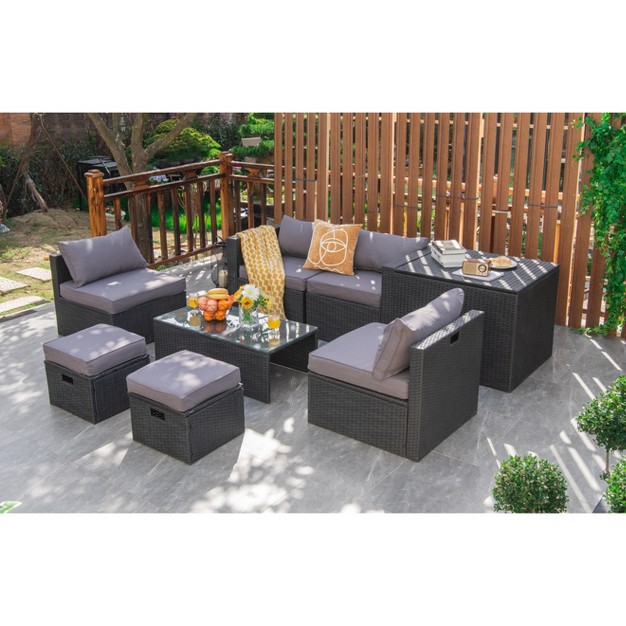 Tangkula 8pcs Patio Conversation Set Sectional Sofa Set All weather Pe Rattan Tempered Glass Table amp Washable Cushion Covers