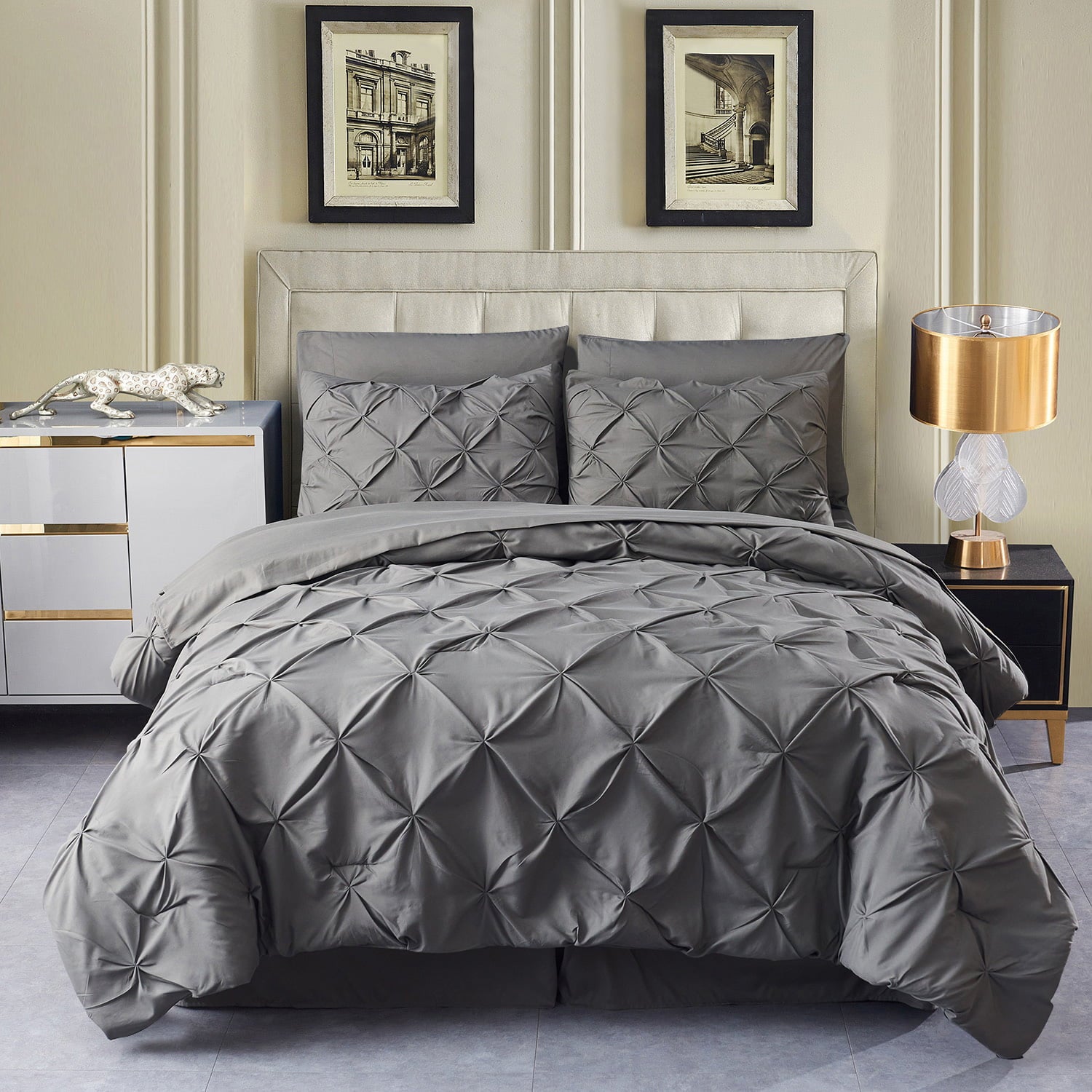 HAOK 8-Piece Pinch Pleat Comforter Set For Queen Bed，Soft Microfiber Bed In A Beg，Dark Grey