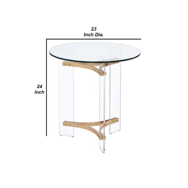 Hale 23 Inch Round End Table， Glass Top， Acrylic Legs， Clear， Gold