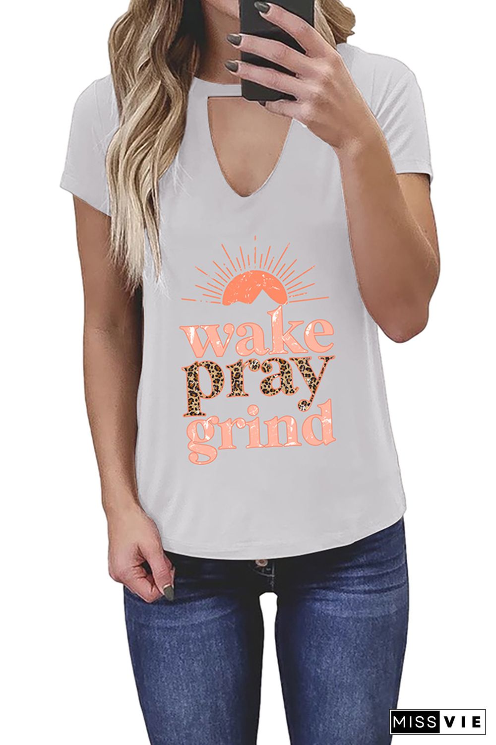 Wake Pray Grind Leopard Graphic Tees for Women Wholesale Short Sleeve T shirts Top