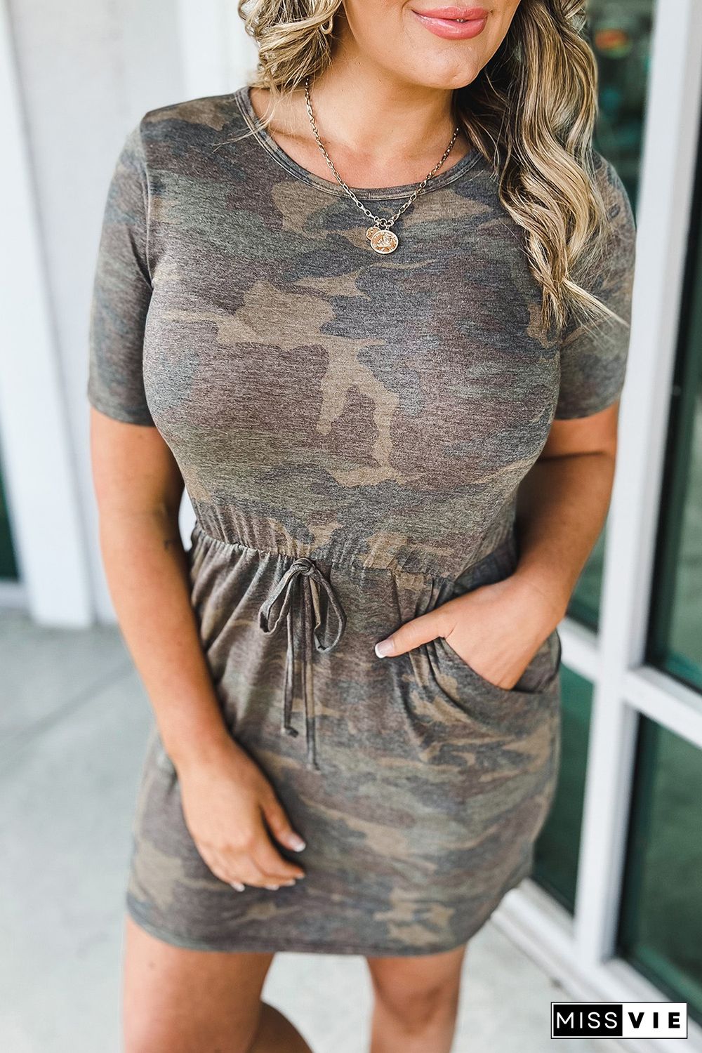 Green Plus Size Camouflage Drawstring Waist T-Shirt Dress