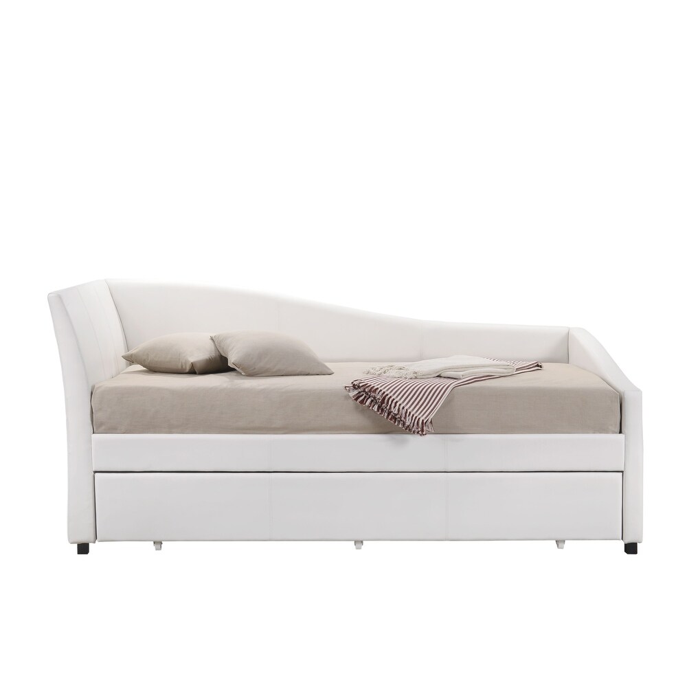 Jedda Upholstered Twin Daybed with Trundle  Sloped Back Side Panel  White PU