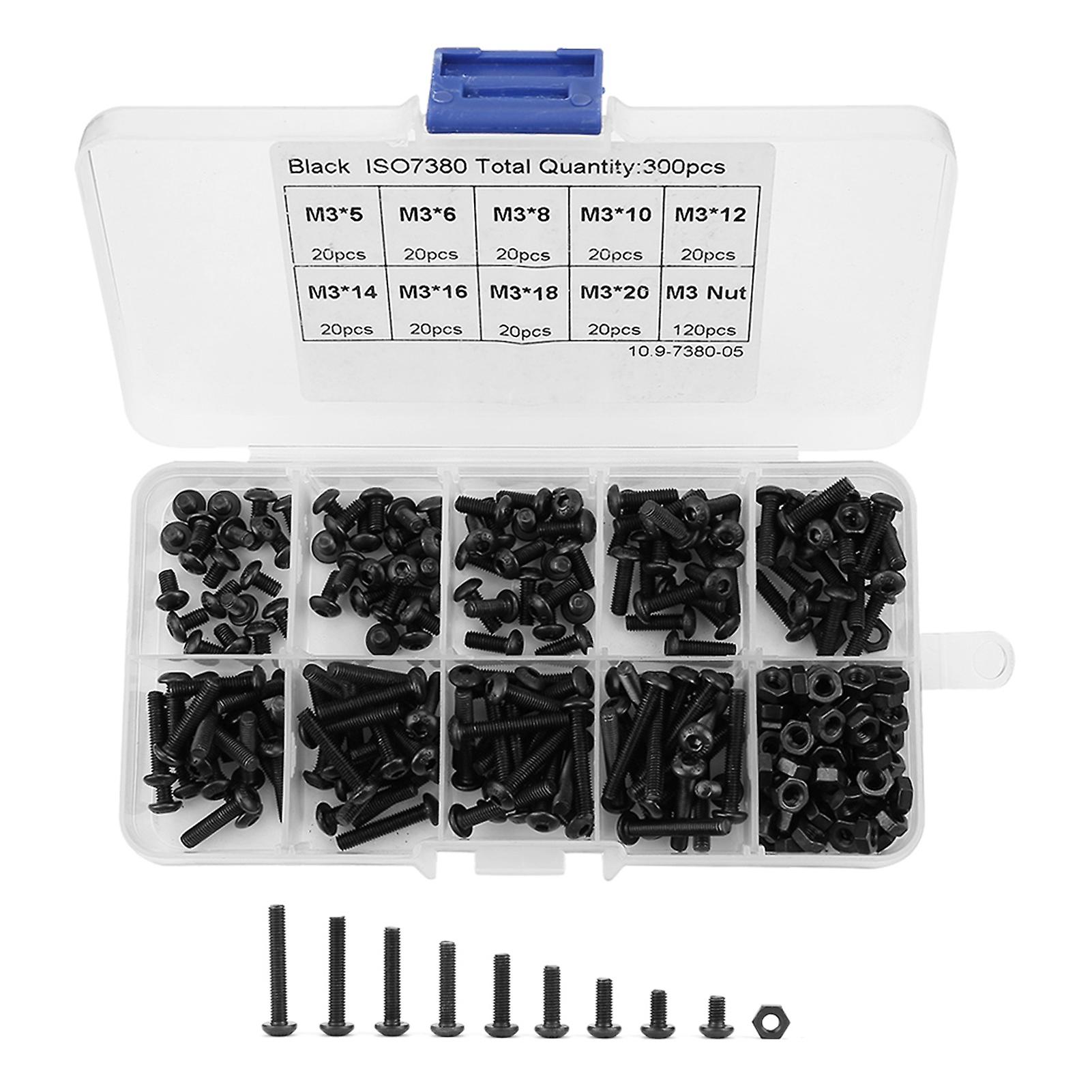 300pcs M3 Black 10.9 Grade Button Head Hex Socket Screw Bolt Nut Assortment Kit