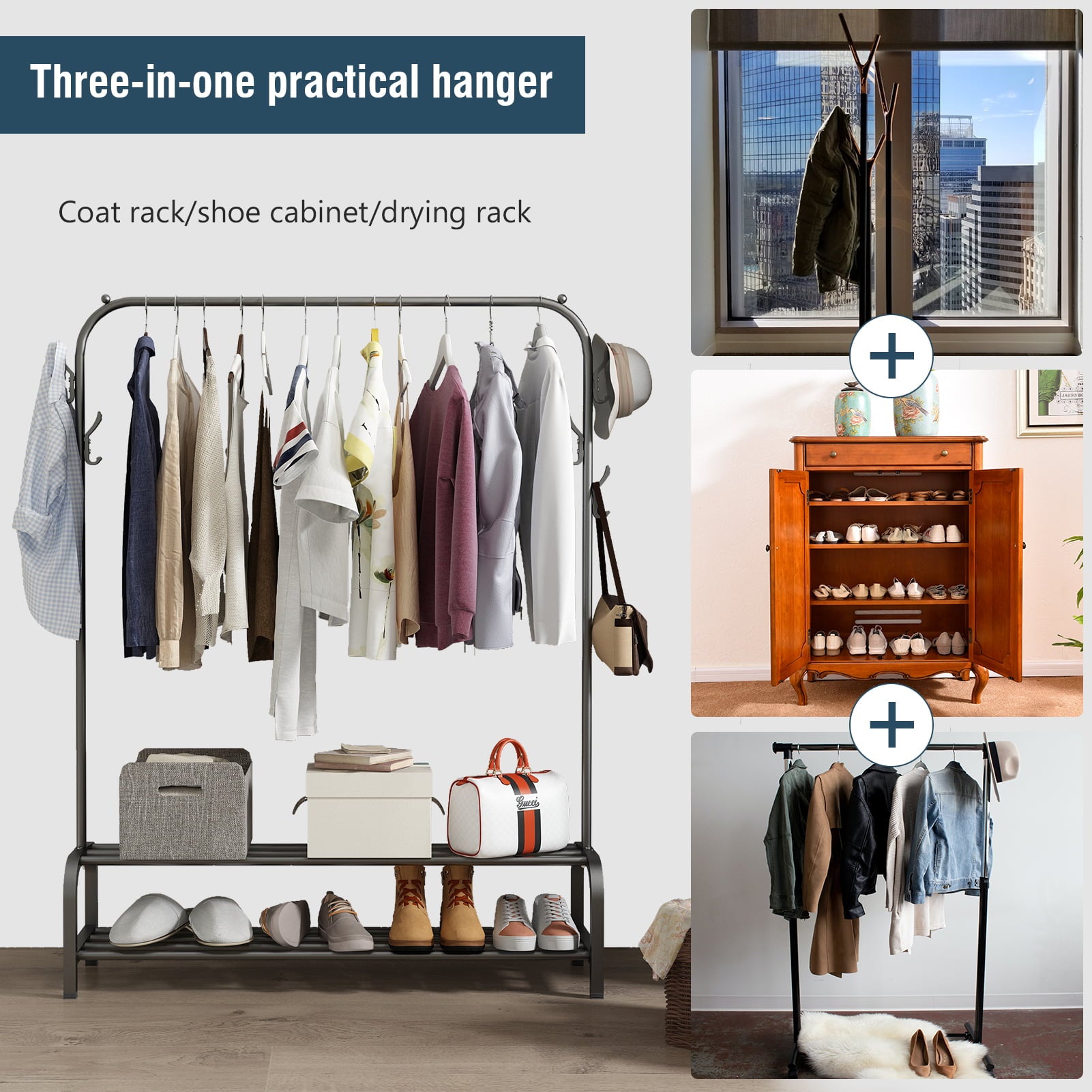 TSJUN Home Single Rail Clothing Garment Rack With 2-Tier Shelves Metal Freestanding Cloth Stand 6 Hangers Black