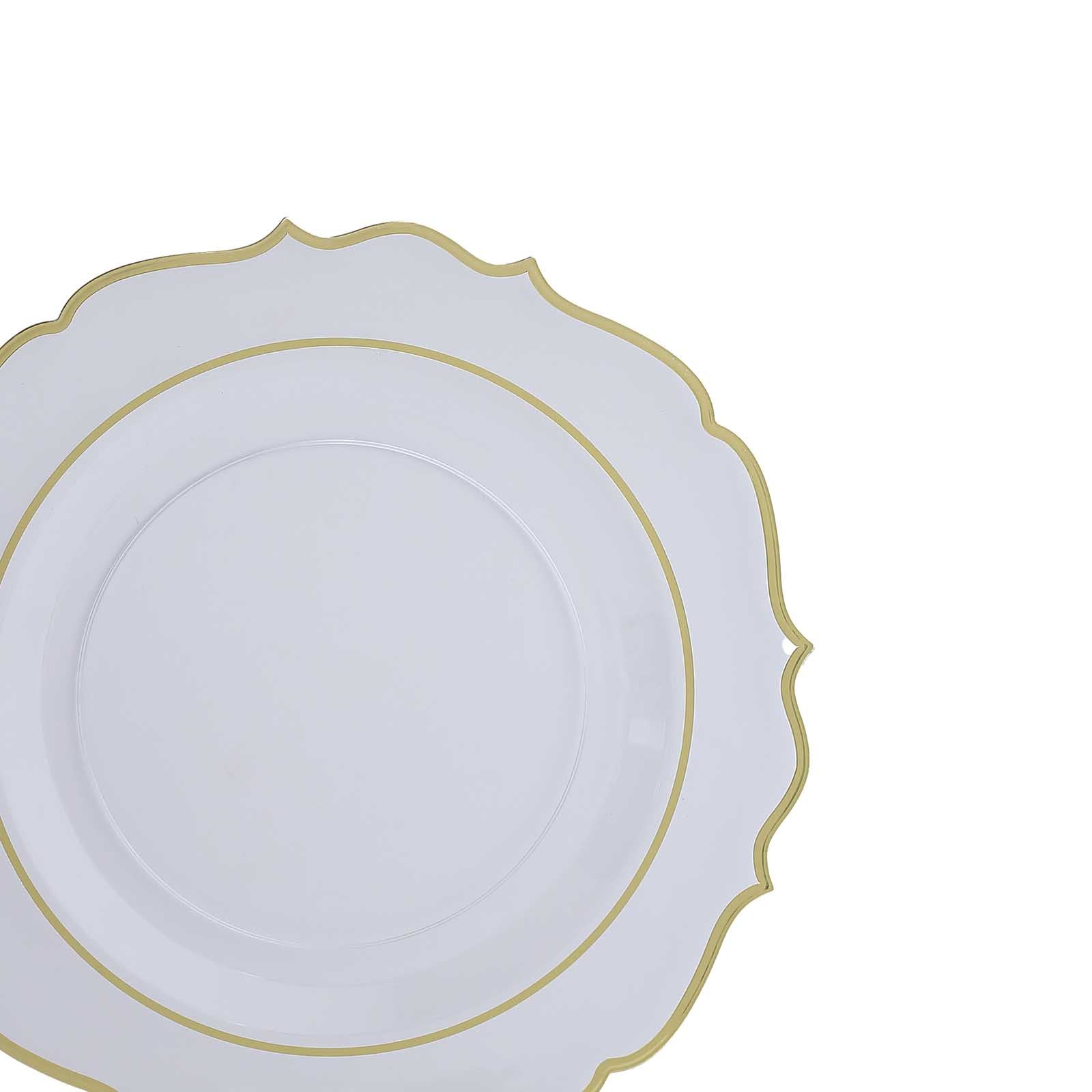 10 Pack Clear Economy Plastic Charger Plates With Gold Scalloped Rim, Round Decorative Dinner Chargers Event Tabletop Decor - 13