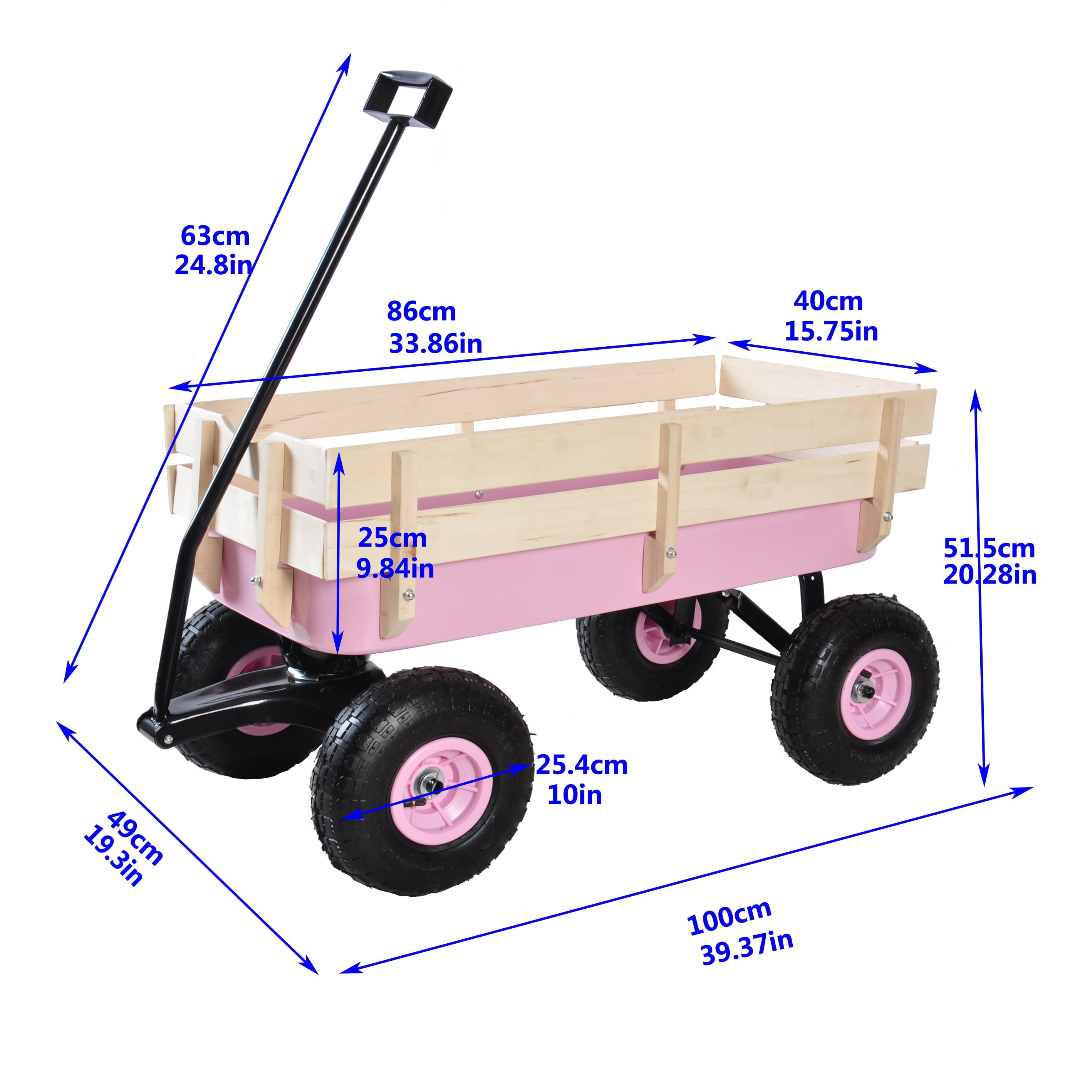 Toy Wagons for Kids, All Terrain Utility Wagon with Removable Wooden Railing and Rubber Wheels, Outdoor Toy Wagons for Kids to Pull, Beach Wagon for Camping Shopping, Pink