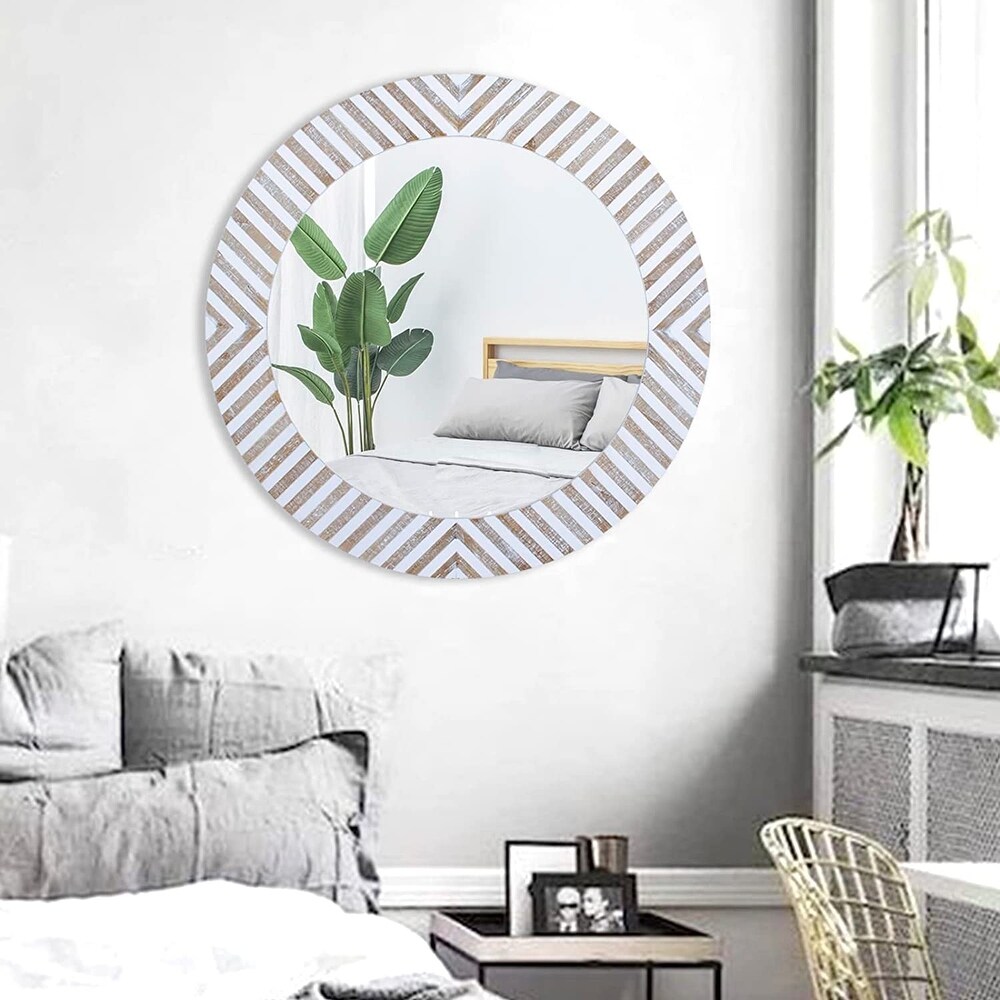 Round Wood Mirror Decorative Wall Mirrors  Farmhouse Mirror for Bathroom  Bedroom  Entryway  Living Room  Rustic Circle Mirror