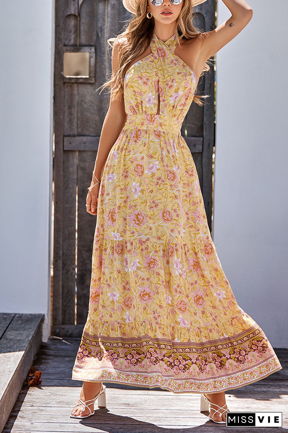 Halter Backless Bohemian Floral Maxi Dress