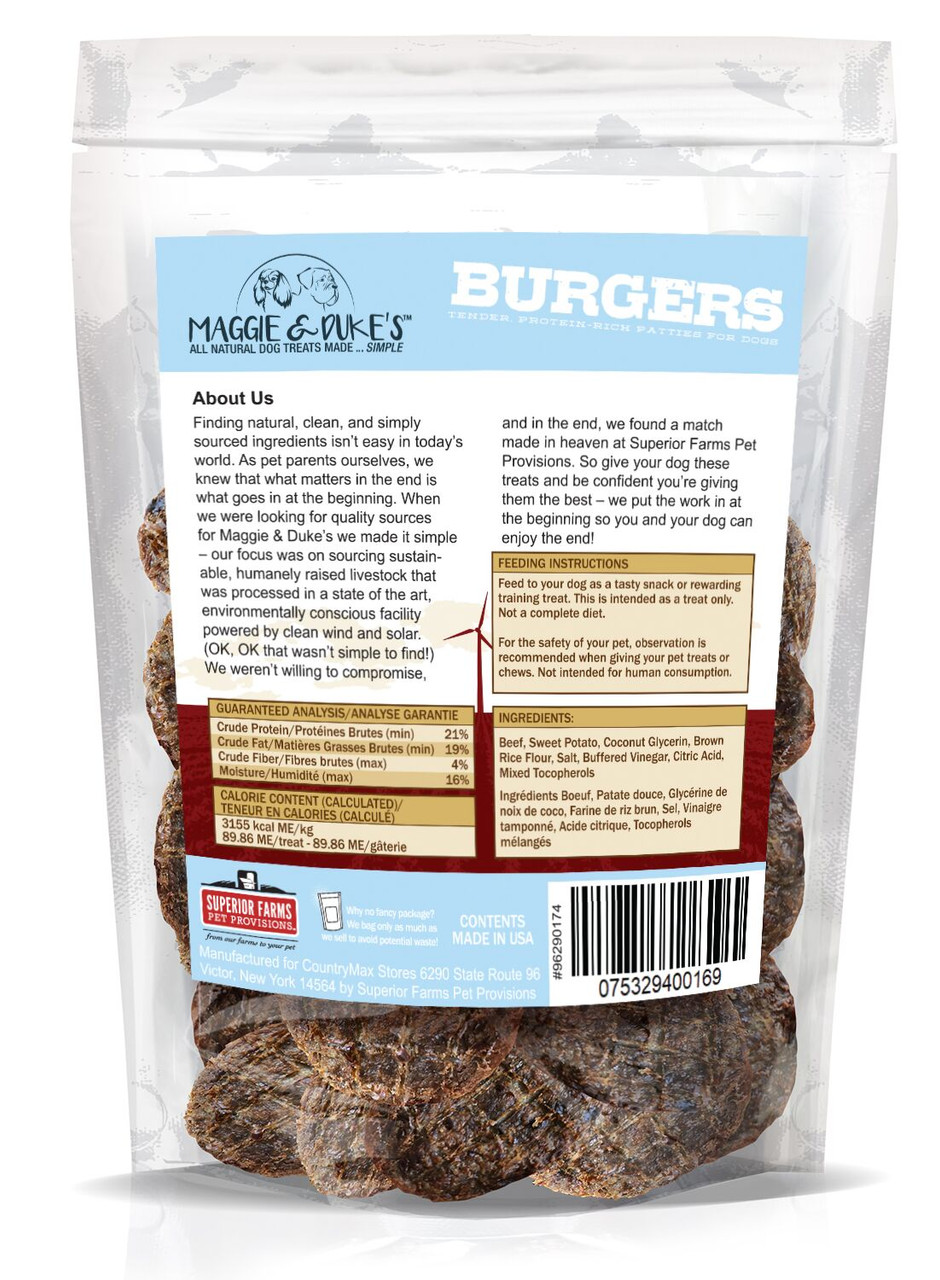 Maggie and Duke's Beef and Sweet Potato Burgers Dog Treats， 6oz.