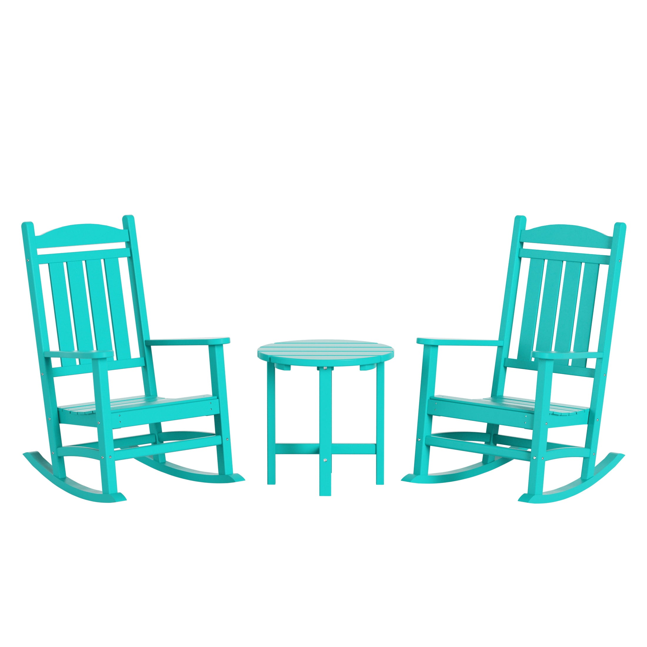 WestinTrends Malibu Classic 3 Piece Outdoor Rocking Chairs Set, All Weather Poly Lumber Adirondack Rocker Bistro Set Patio Deck Porch Chairs Set of 2 with Side Table, Turquoise