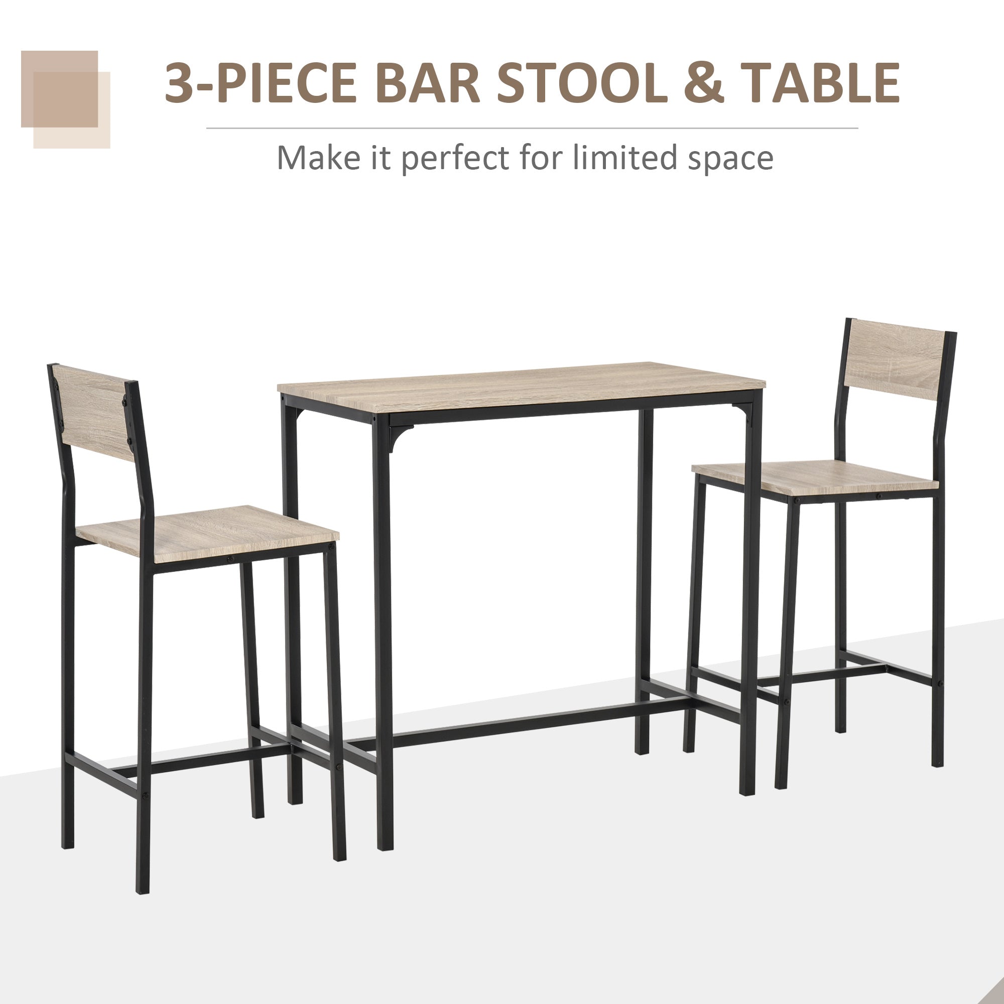 HOMCOM 3-piece Counter Table Set High Back Stool Industrial Dining Kitchen