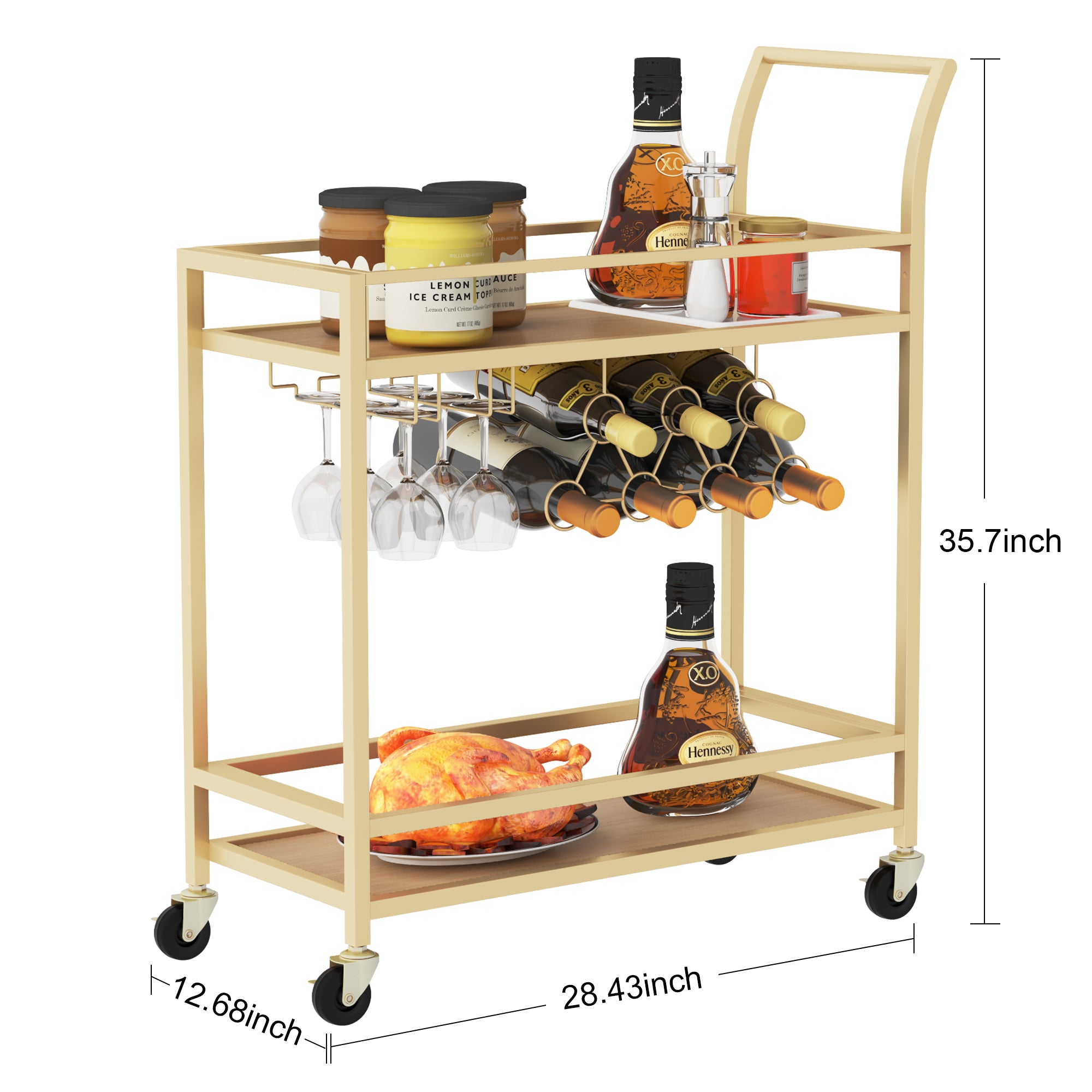 JBBCN Gold Metal Multifunctional Bar Service Cart with Wheels，for Kitchen， Living Room， Bar and Party