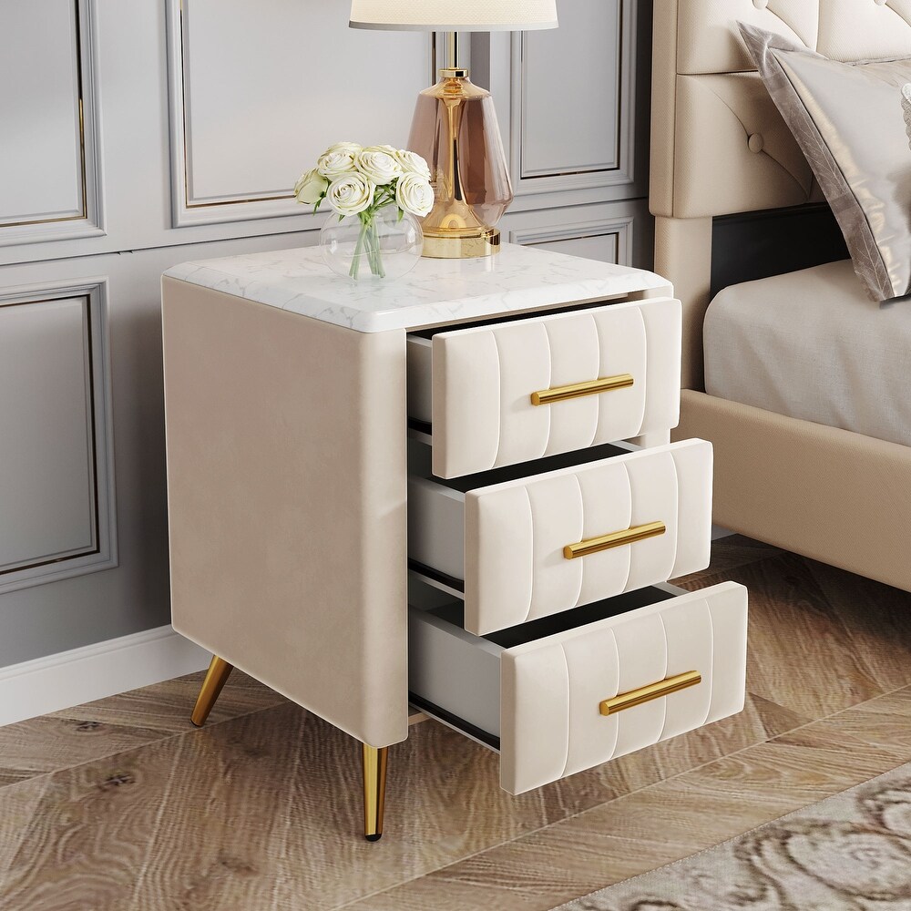 Velvet Upholstered Nightstand with 3 Drawers and Marbling Worktop