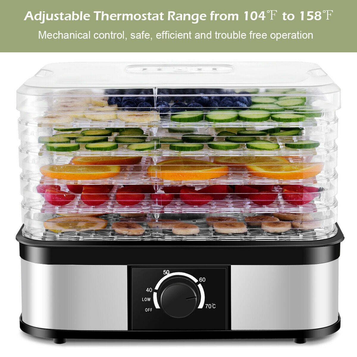 Food Dehydrator, Electric 5-Tire Fruit Vegetable Dryer