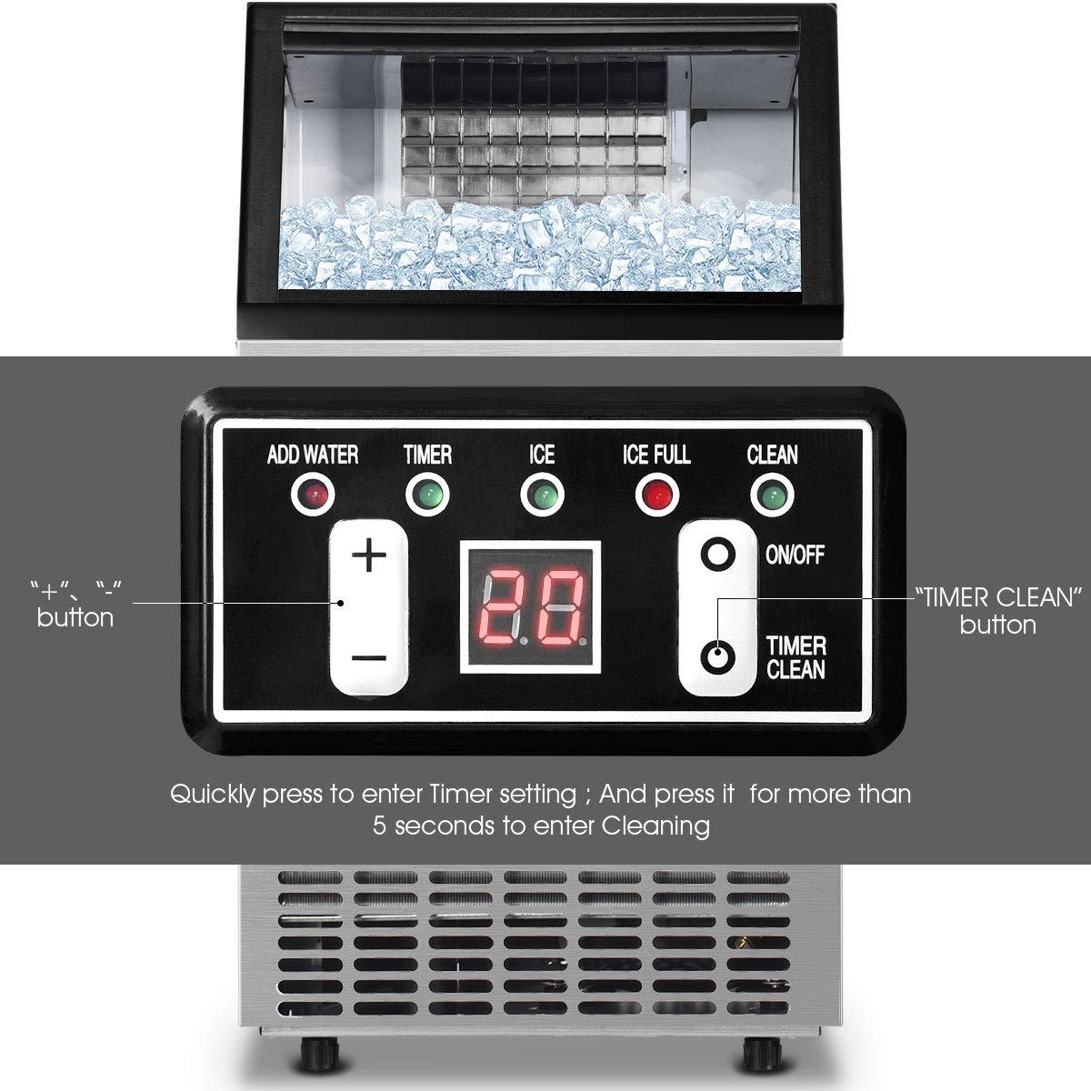 Costzon Commercial Ice Maker, Built-in Stainless Steel Ice Maker, 110LBS/24H, 33LBS Storage Capacity