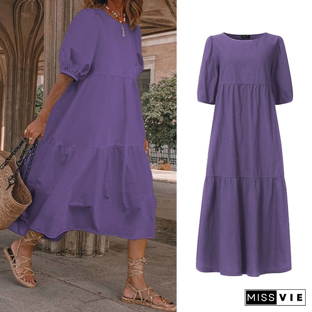 10 Colors Women Round Neck Short Puff Sleeve Daily Basic Midi Dress