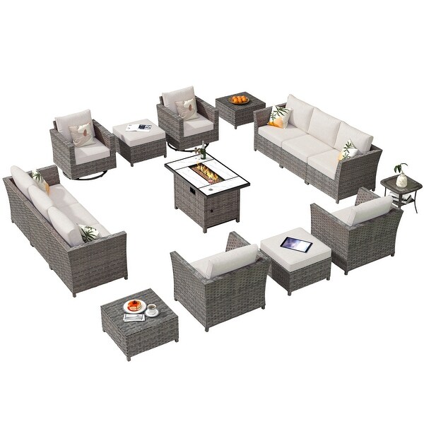 HOOOWOOO 16piece Outdoor Patio Grey Wicker Rattan Furniture Sectional Set with Fire Pit Table