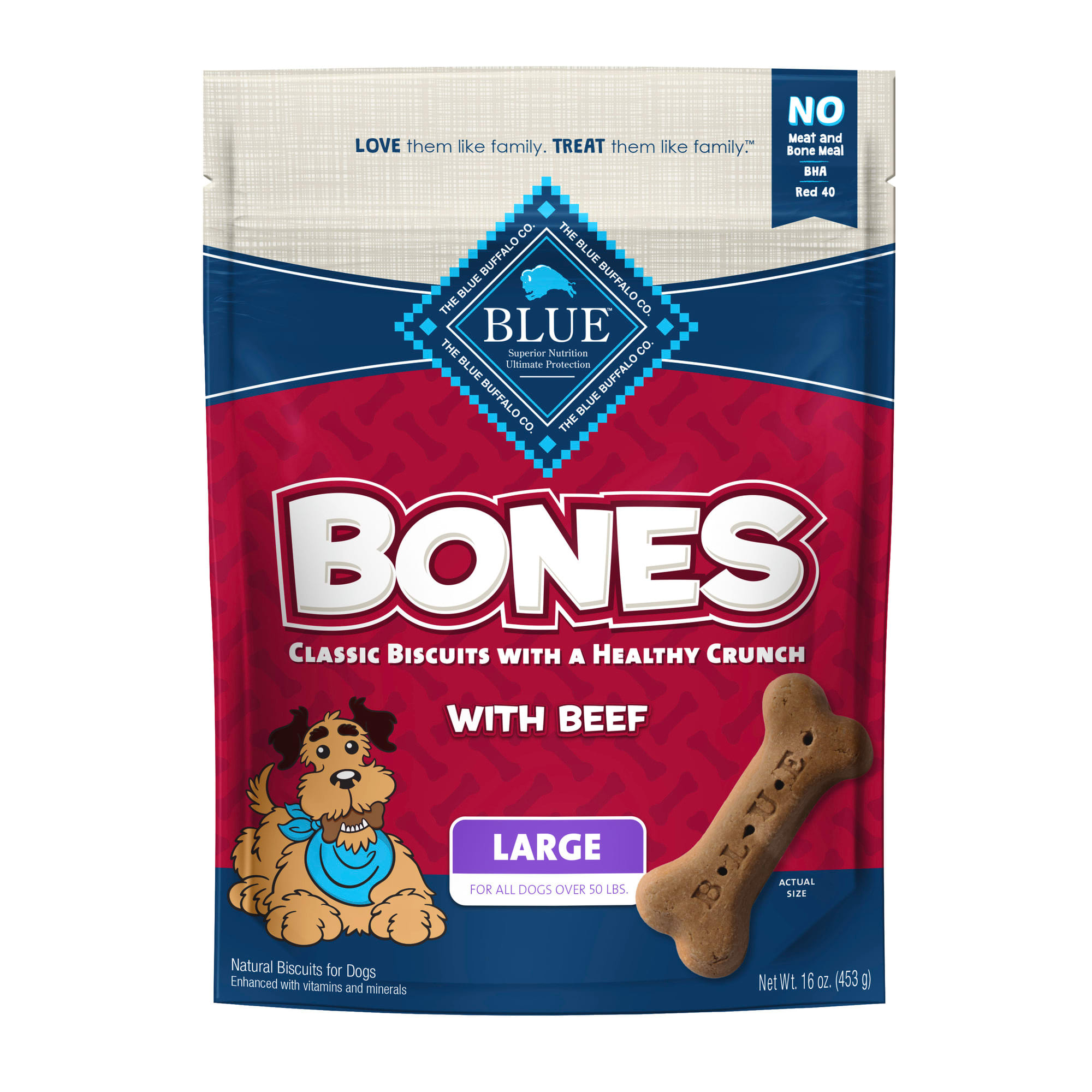 Blue Buffalo Bones Natural Crunchy Beef Flavor Large Dog Biscuits， 16 oz.