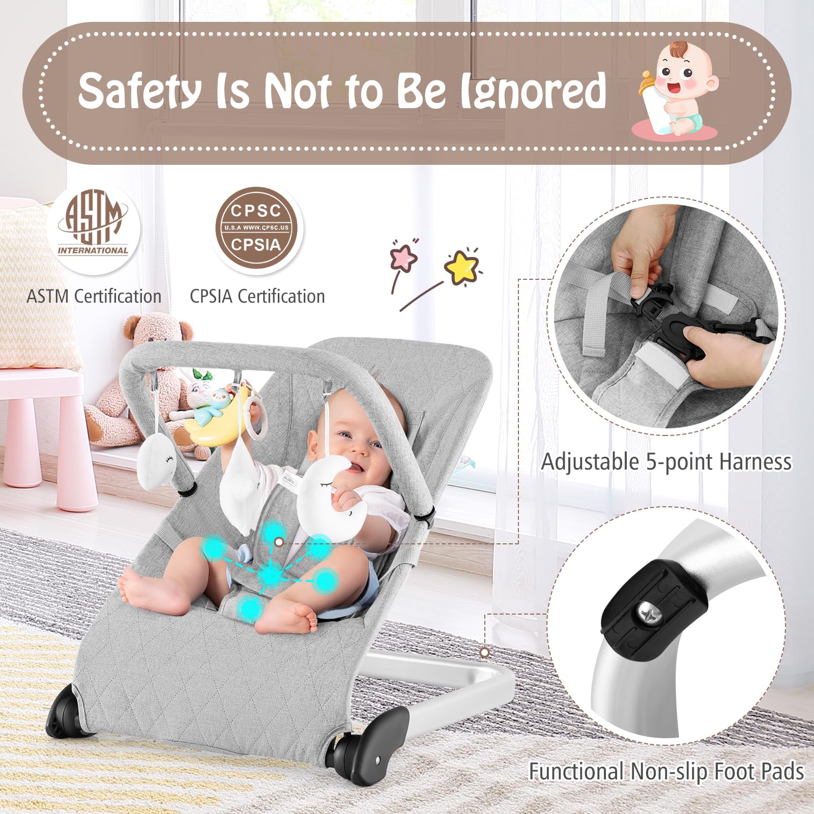 BABY JOY Baby Bouncer, Foldable Baby Rocker & Stationary Seat with 5-Point Safety Harness