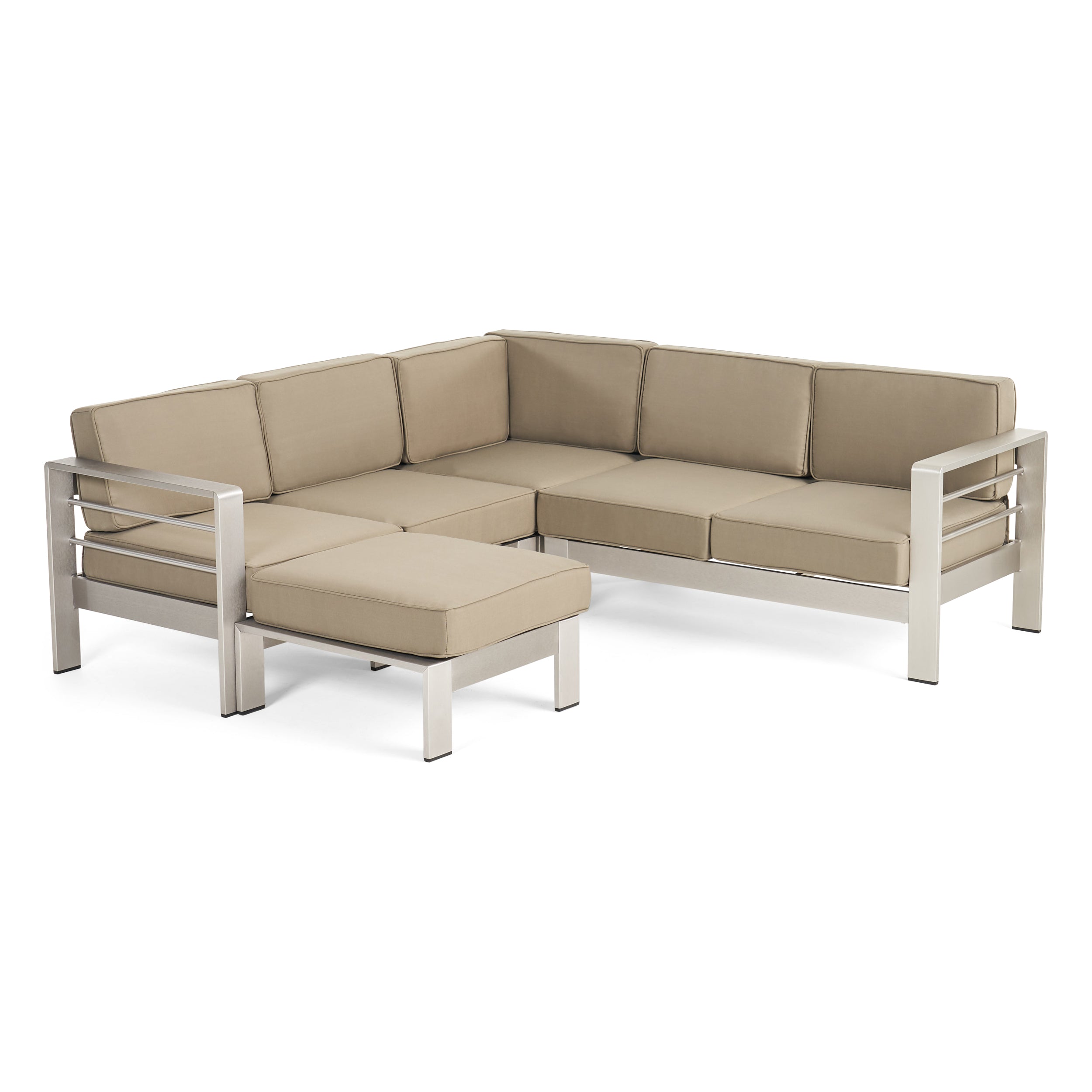 Emily Coral Outdoor Aluminum 5-Seater V-Shape Sectional Sofa Set with Ottoman, Silver and Khaki