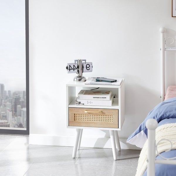 Rectangle MDF Rattan End Table Nightstand Side Table with Power Outlet and USB Ports - 15.75*11.81