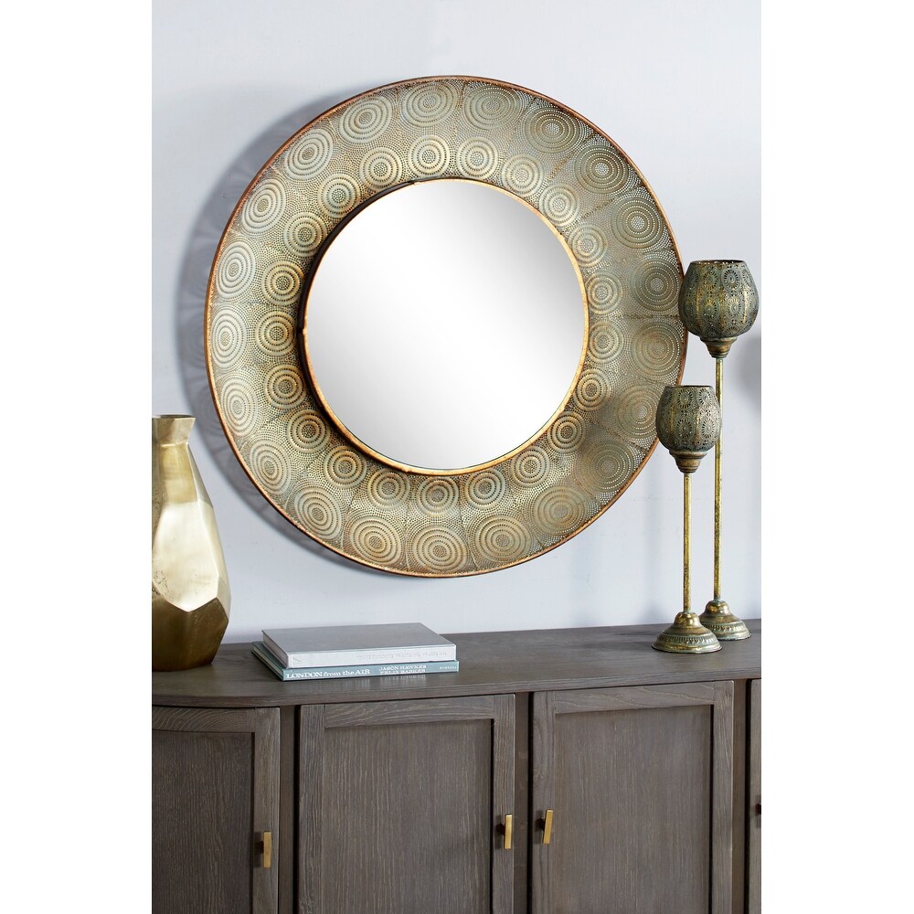 Pierced Gold Metal Large  Round Wall Mirror with Eclectic Circle Designs  36\