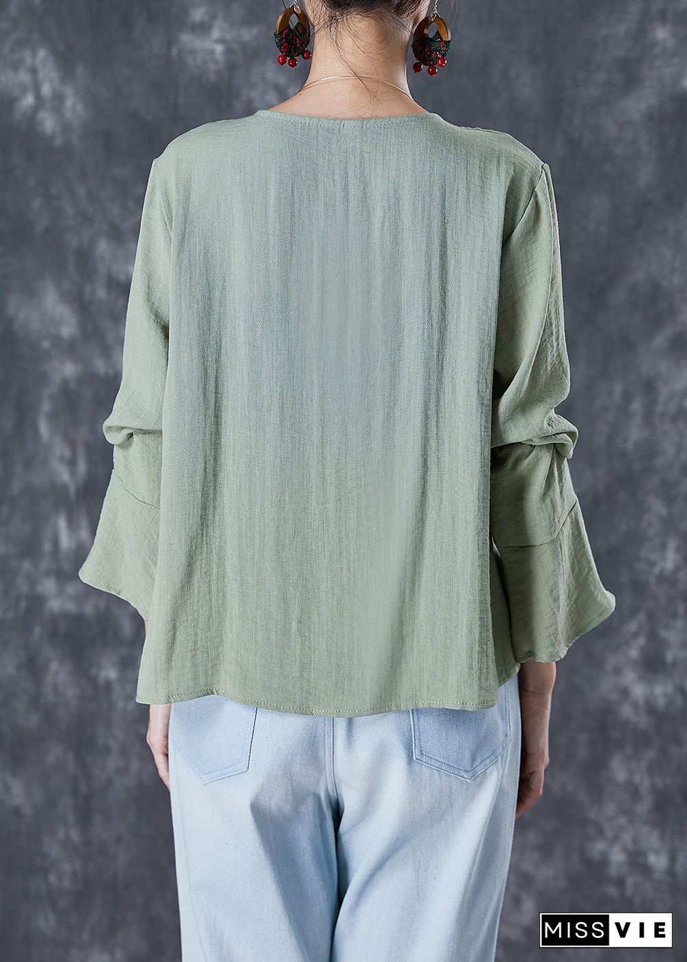 Chinese Style Green Grey Tasseled Linen Shirt Top Flare Sleeve