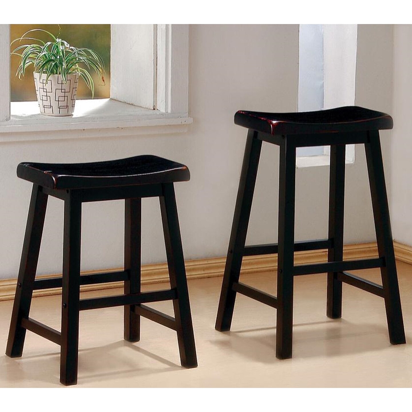 Casual Distressed Black Cherry Saddle Design Stools (Set of 2)