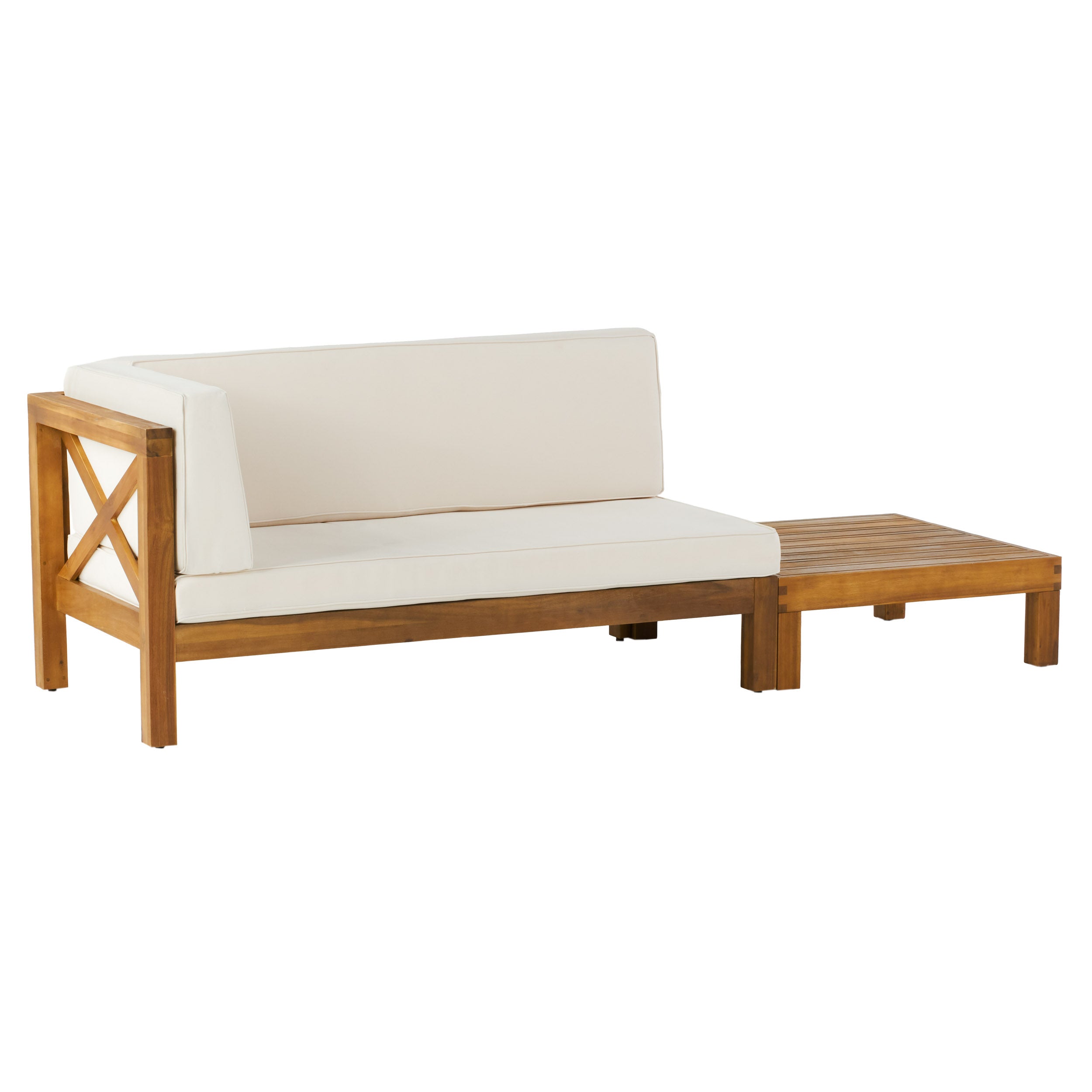 Keith Outdoor Acacia Wood Left Arm Loveseat and Coffee Table Set with Cushion