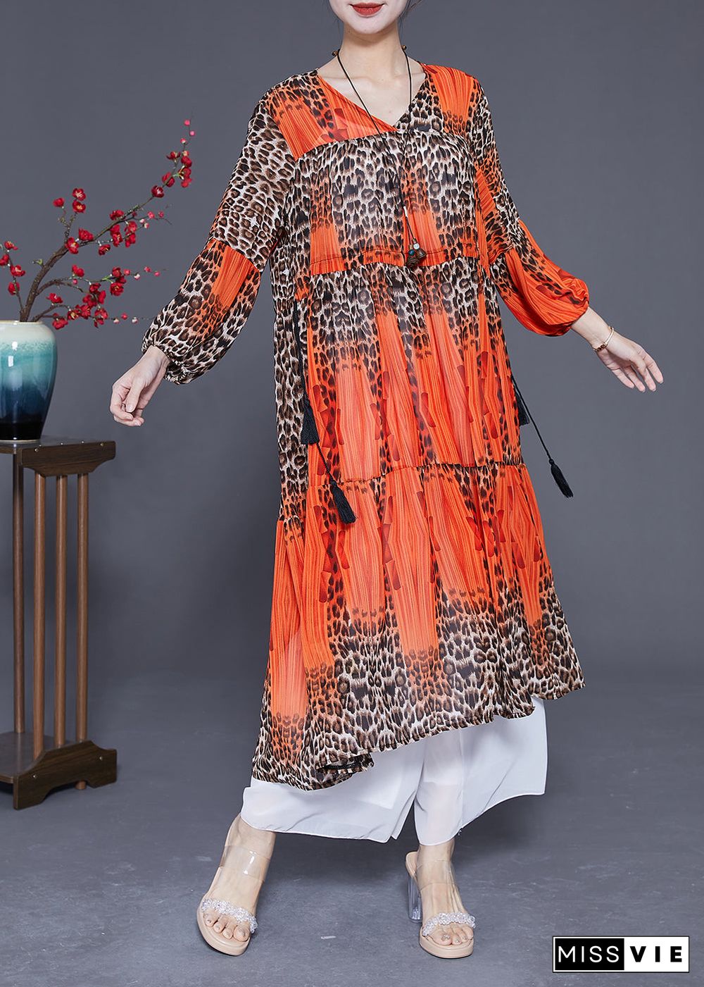 Orange Leopar Print Chiffon Maxi Dress Drawstring Exra Large Hem Summer