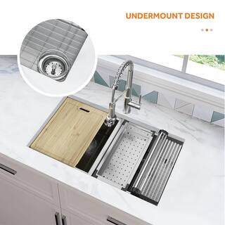 Glacier Bay Professional 32 in. All-in-One Undermount 16G Stainless Steel Double Bowl Workstation Kitchen Sink Spring Neck Faucet FSU1Z3219A0SA1