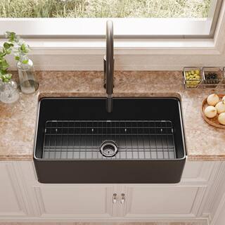 Black Fireclay 33 in. Single Bowl Farmhouse Apron Kitchen Sink with Bottom Grid and Basket Strainer HKD-331810-B