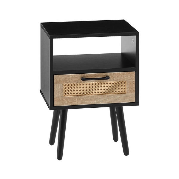 Modern Rattan Side table/Nightstand with 1 Shelf，1 drawer and 4 Solid Wood Legs