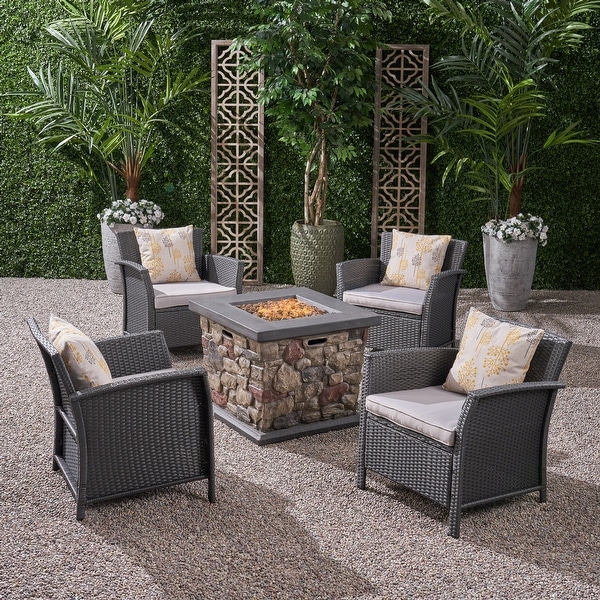 St. Lucia Outdoor 4 Piece Wicker Chat Set with Fire Pit by Christopher Knight Home