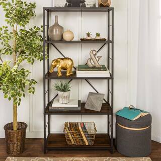 Walker Edison Furniture Company 63 in. Dark WalnutBlack Metal 4-shelf Etagere Bookcase with Open Back HDS60RMWDW