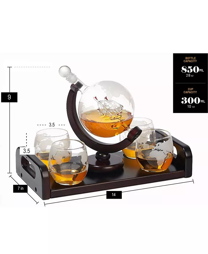 Bezrat Globe Whisky Decanter Gift Set with Glasses and Tray 6 Pieces