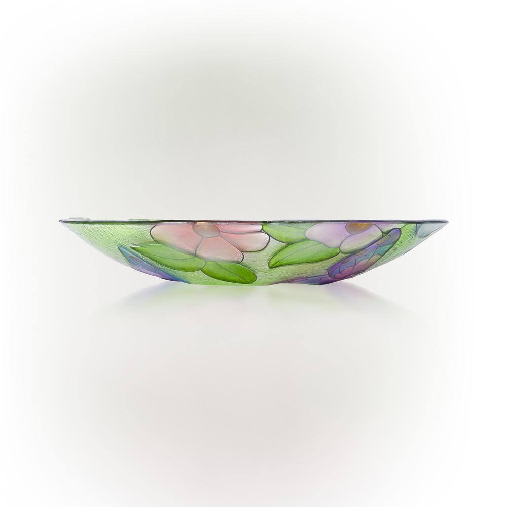 Alpine Corporation 18 in. Round Outdoor Birdbath Bowl Topper with Painted Purple Butterfly and Floral Design KPP612T-18