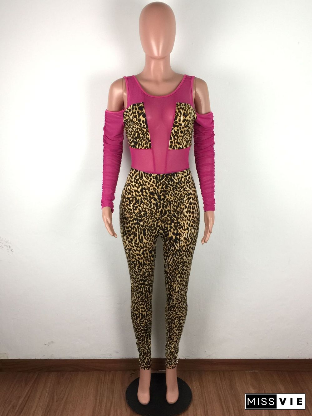 Sexy Mesh Sheer Patchwork Leopard Printed Bodycon Jumpsuit