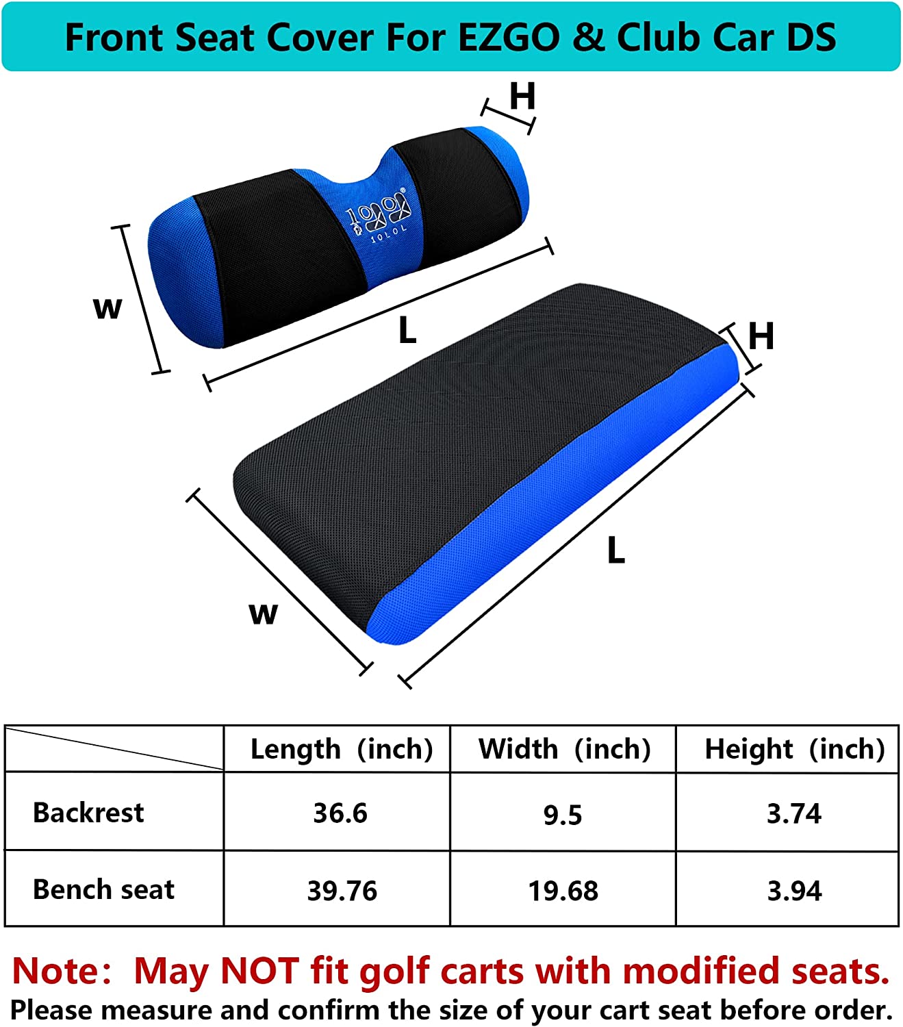 10L0L Golf Cart Seat Covers Front Set for EZGO TXT RXV and Club Car DS Carts Part Accessories - Blue