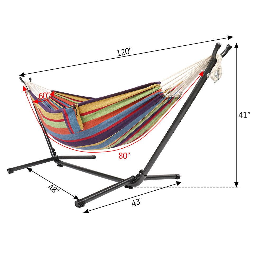 ONCLOUD 9 FT Heavy Duty Steel Stand with Double Hammock w/ Carrying Case,Pillows,Cup Holders for Outdoor or Indoor,Rainbow Stripe