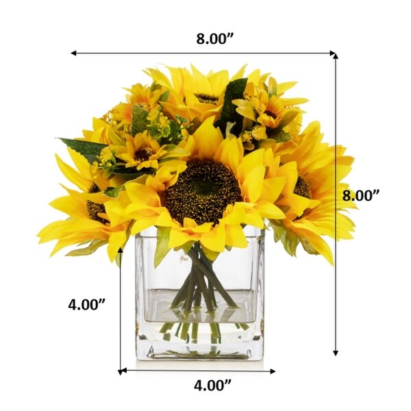 Enova Home Mixed Artificial Sunflowers Arrangement in Glass Vase For Home Office Centerpiece Table Decoration