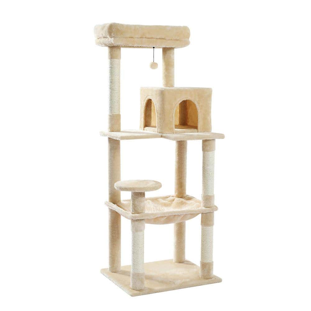 Foobrues Beige Plush Sisal Scratcher Cat Tree Cat House PSL-23170697