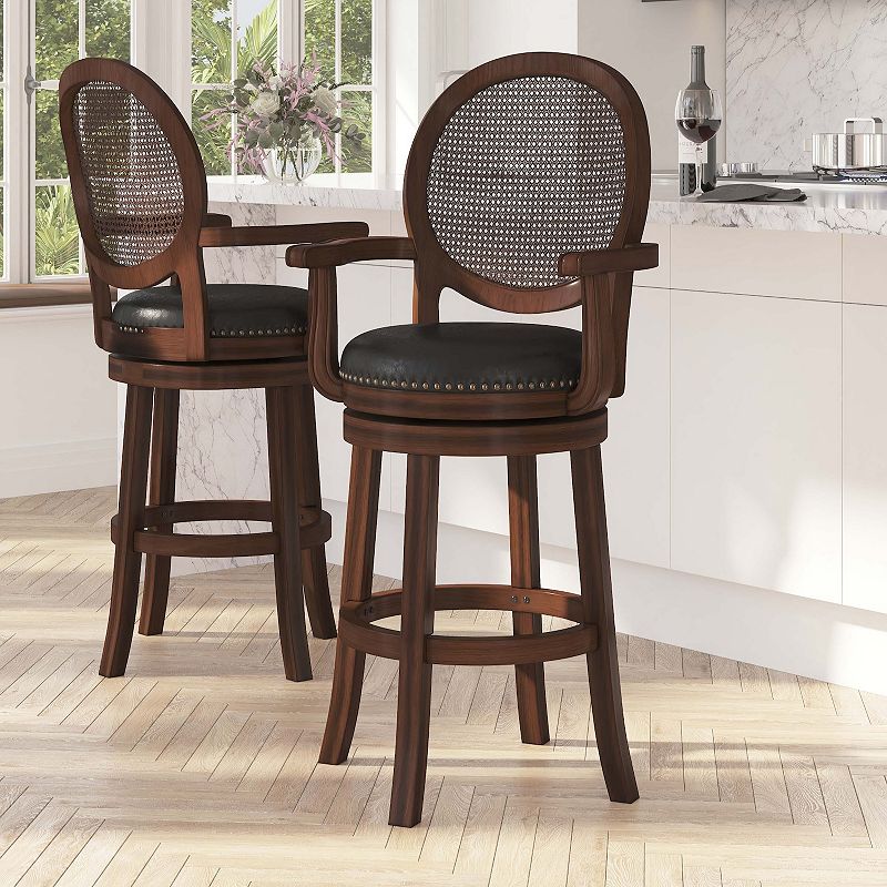 Merrick Lane Mathieu Swivel Stool with Oval Rattan Back， Arms and Upholstered Swivel Seat