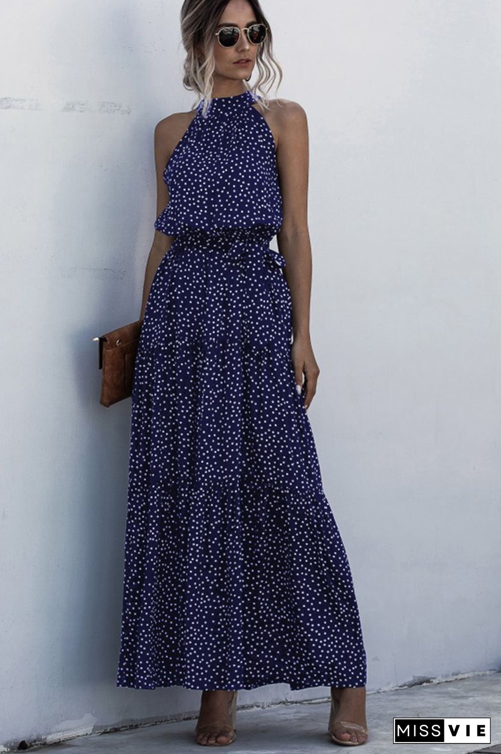 Halter Polka Dot Print Tie Waist Maxi Dress Wholesale