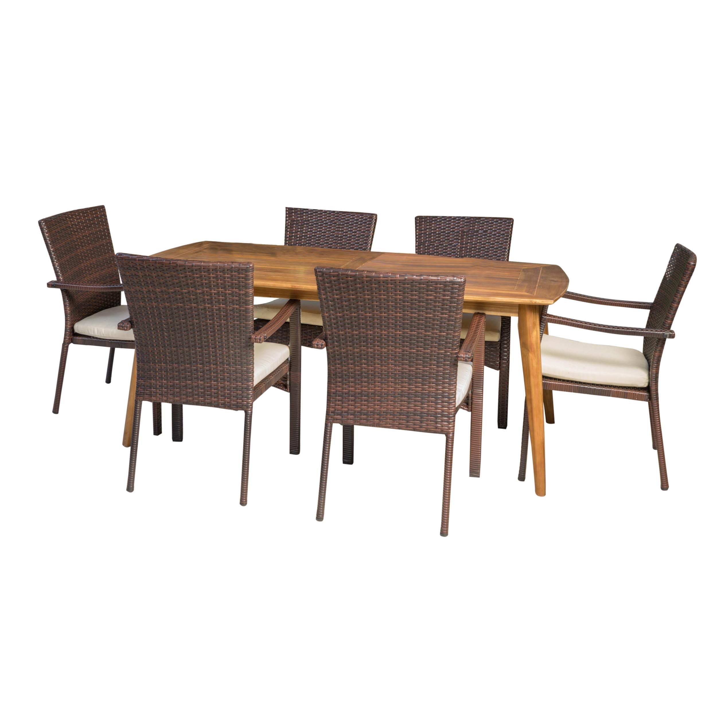 Pisciotta Outdoor 7-Piece Brown Wicker Dining Set with Cream Cushions